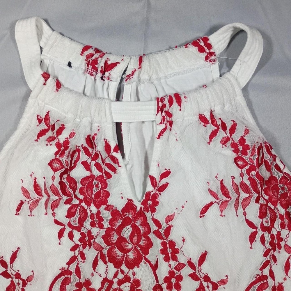 Coquette Cherry Red & White Floral Lace Tank Top, Size S - Picture 2 of 6